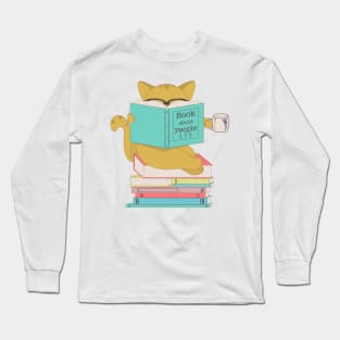 \Cat with glasses drinking coffee or tea and reading book about people Long Sleeve T-Shirt